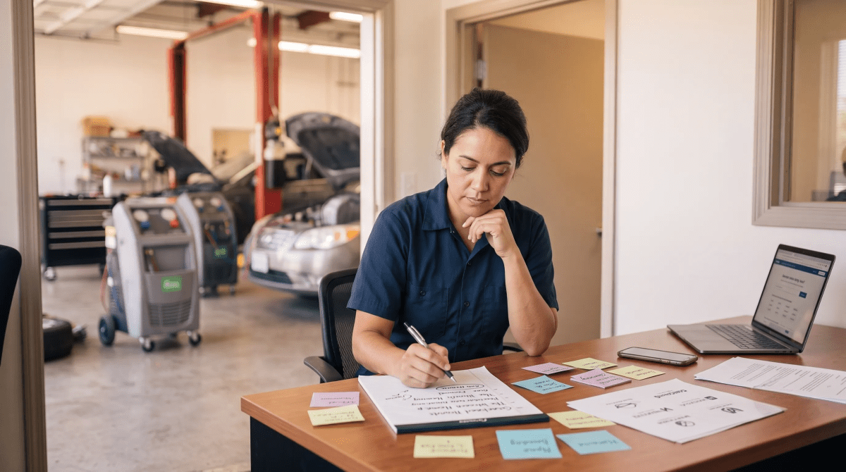 Auto AC repair shop owner brainstorming business name ideas