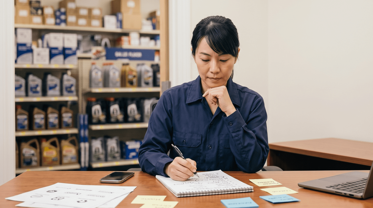 Auto parts store owner brainstorming business name ideas