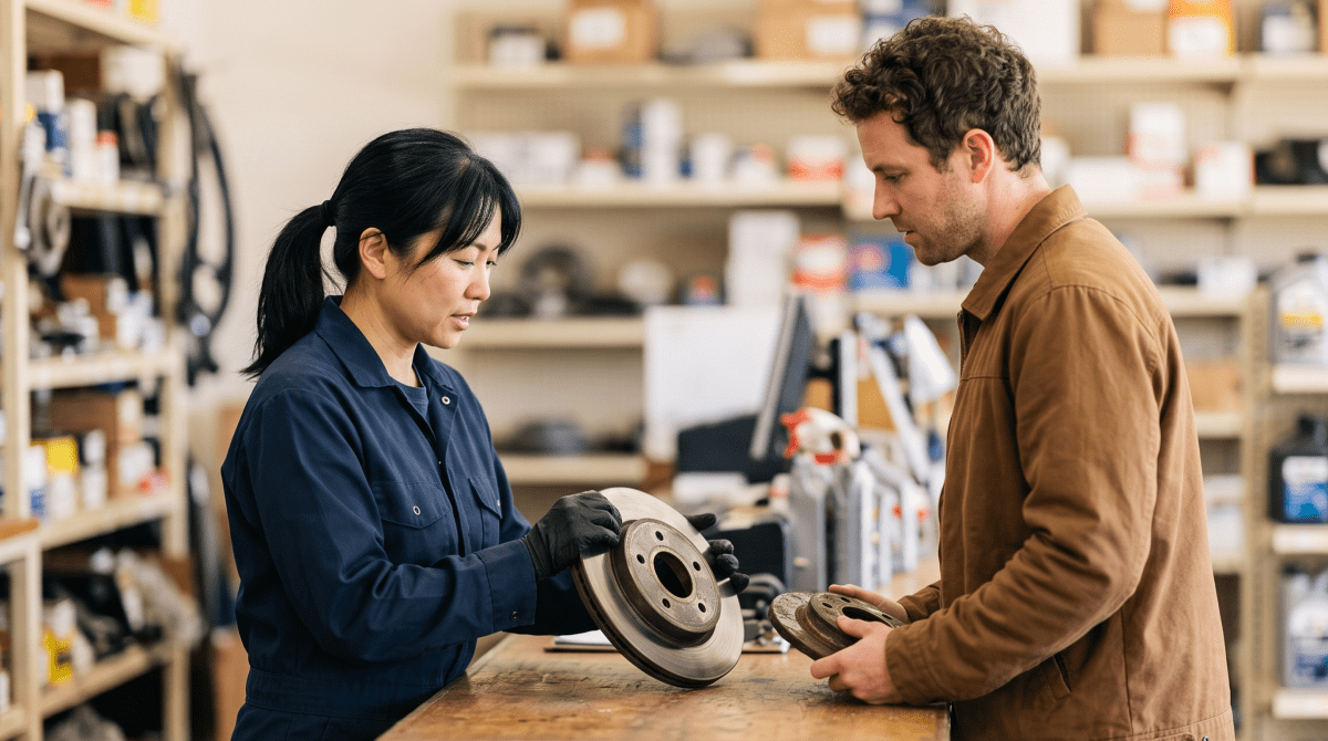 Auto parts store owner organizing components on retail shelves