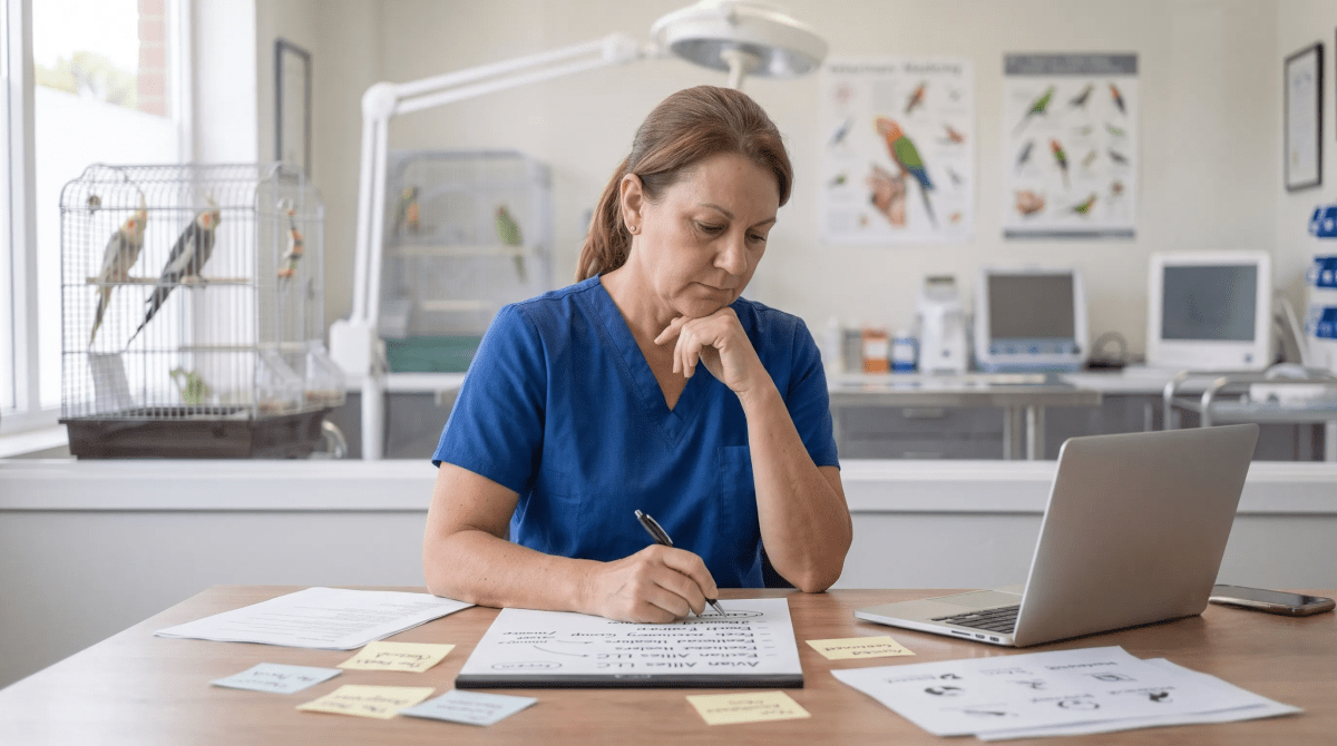 Avian vet clinic owner brainstorming business name ideas