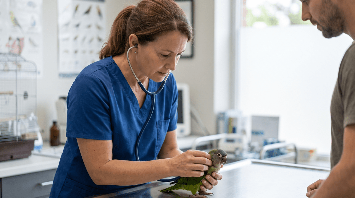 Avian veterinarian examining a bird in a clinic exam room