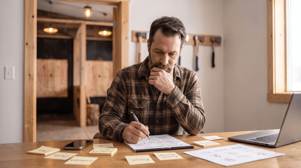 Axe throwing venue owner brainstorming business name ideas
