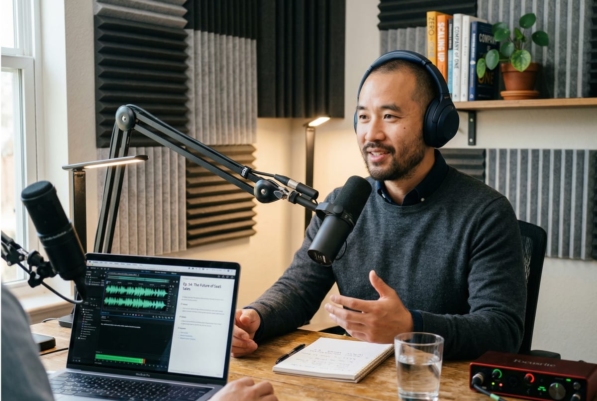 B2B podcast business owner and host recording and producing a professional podcast episode