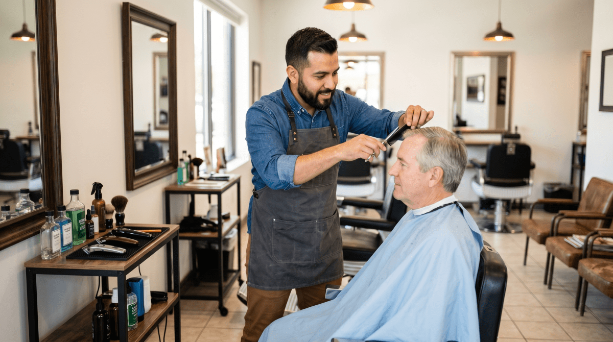 Barbershop owner cutting and grooming a client's hair at a professional barber shop