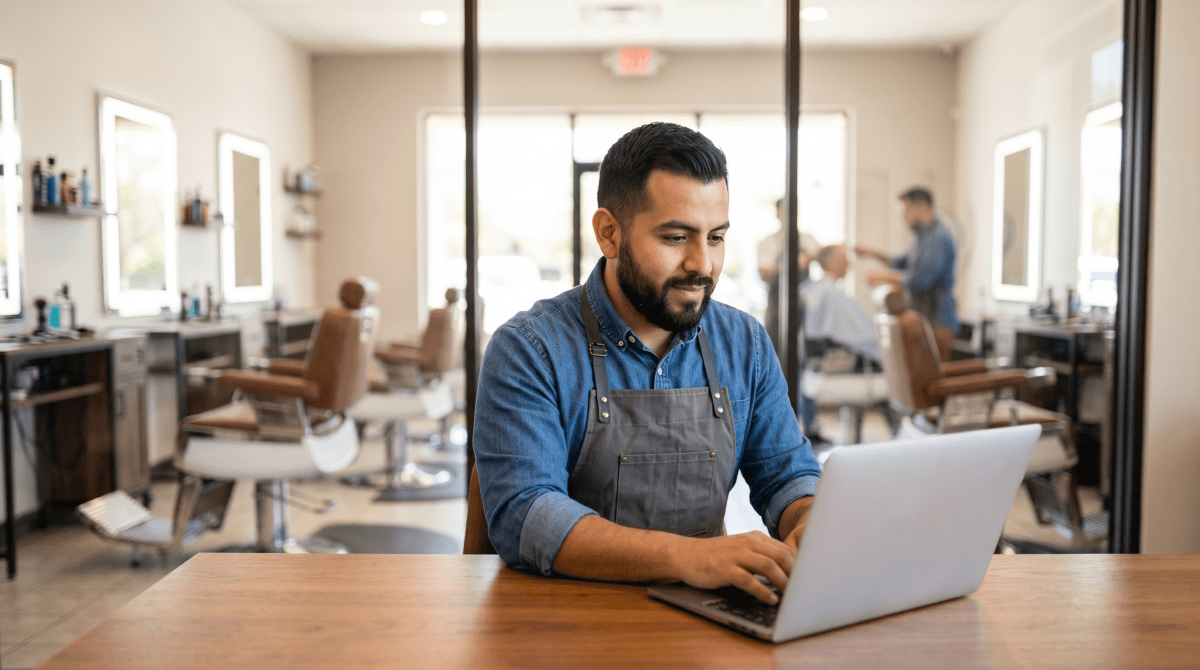 Barbershop owner registering a barber business as an LLC on a computer