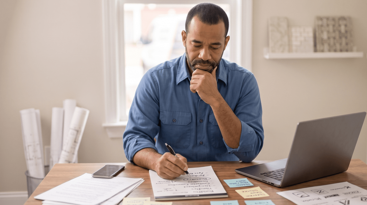 Bathroom remodeling owner brainstorming business name ideas