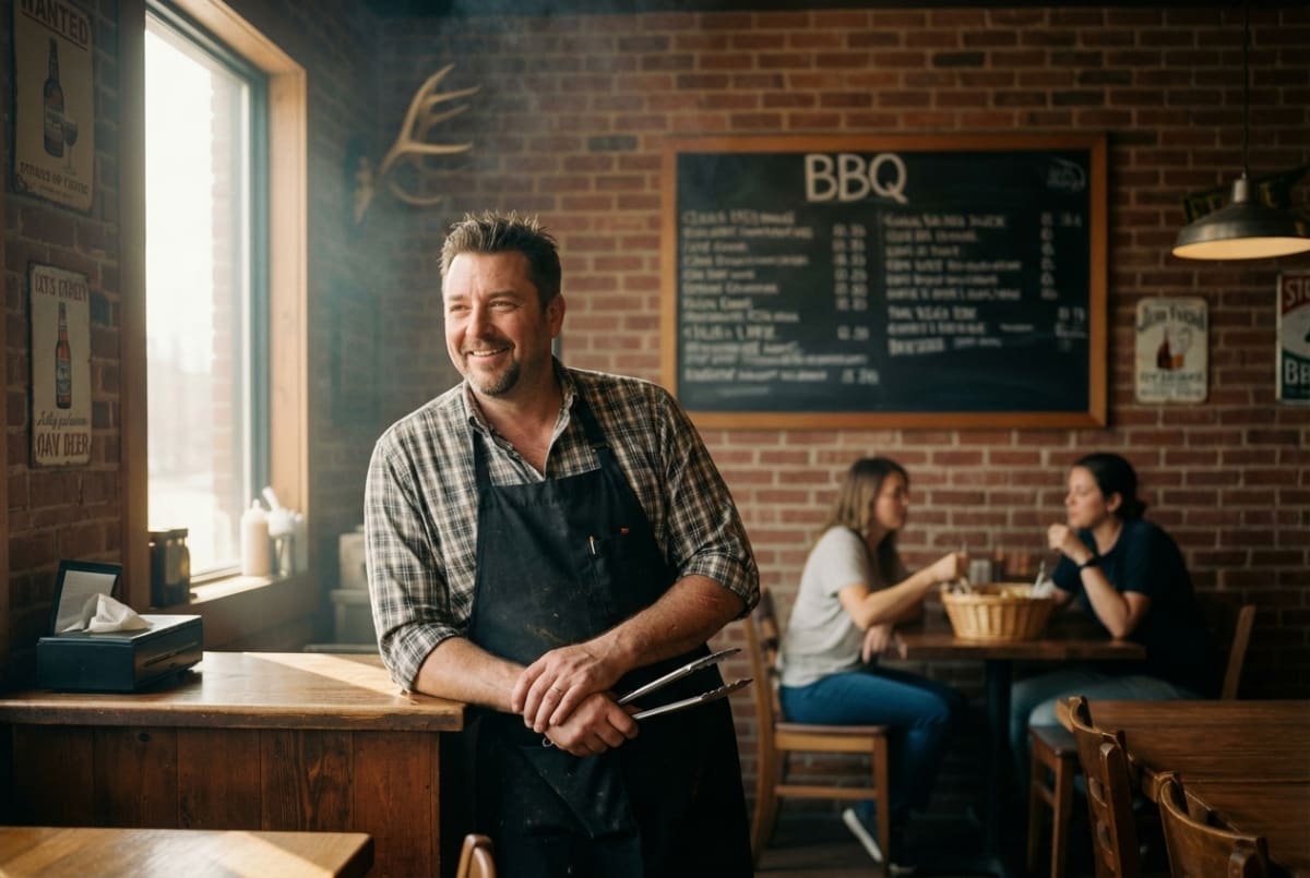 BBQ restaurant business owner engaging with happy customers enjoying a meal