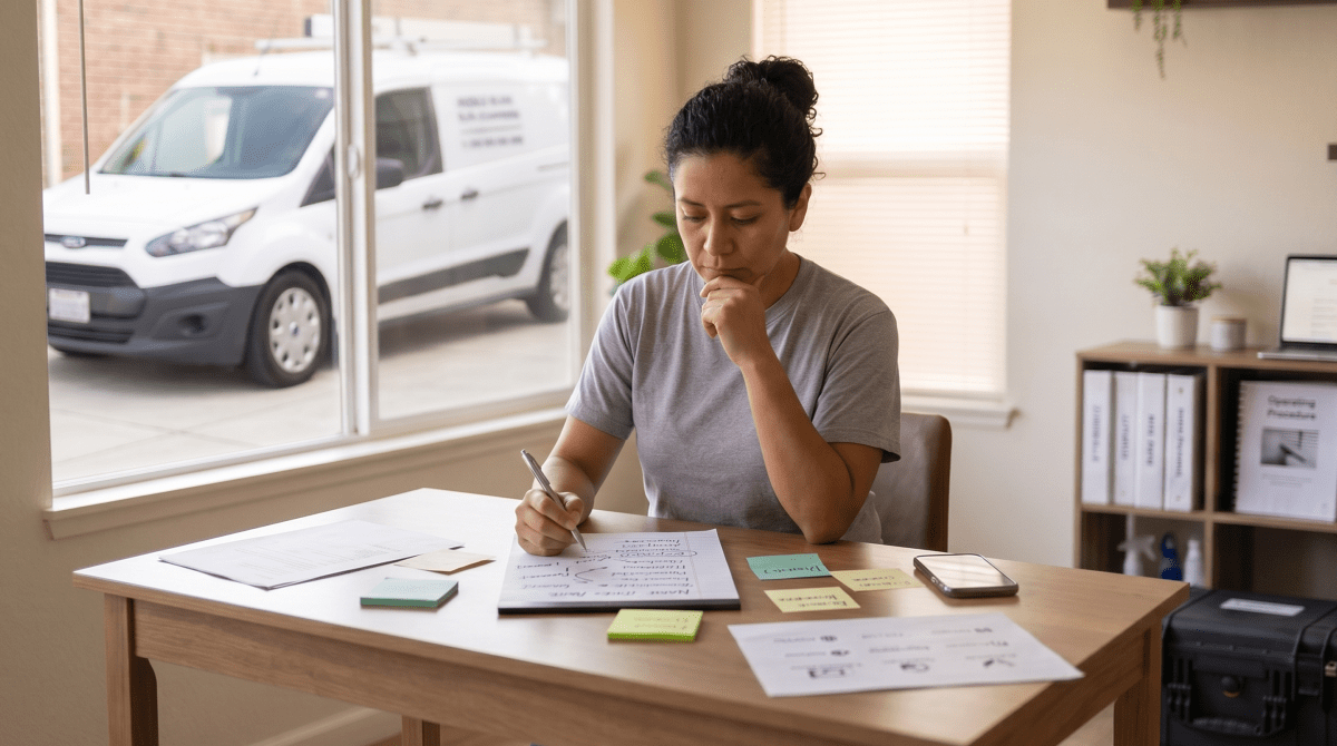 Blind cleaning owner brainstorming business name ideas