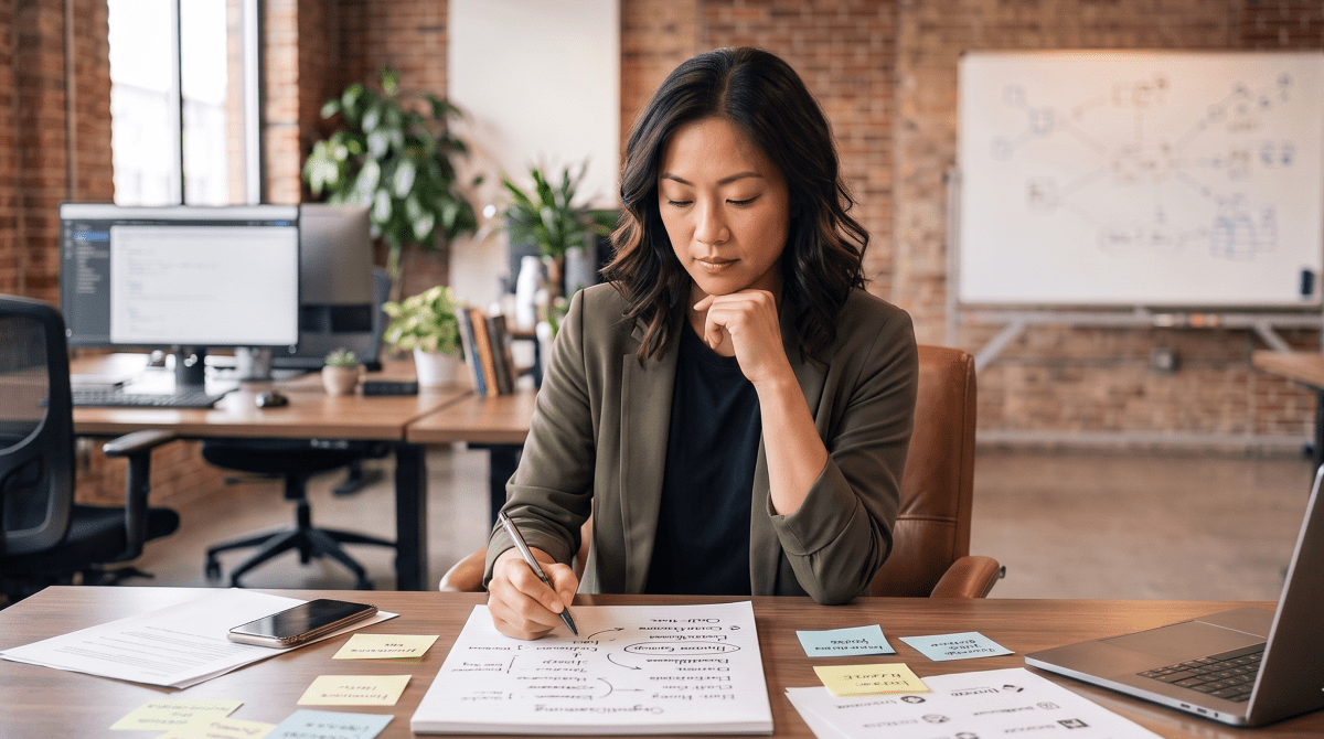 Blockchain development studio owner brainstorming business name ideas