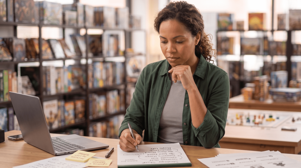 Board game store owner brainstorming business name ideas