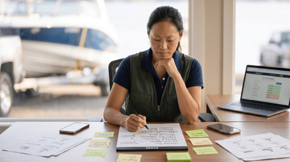 Boat hauling business owner reviewing LLC name ideas for a transportation company