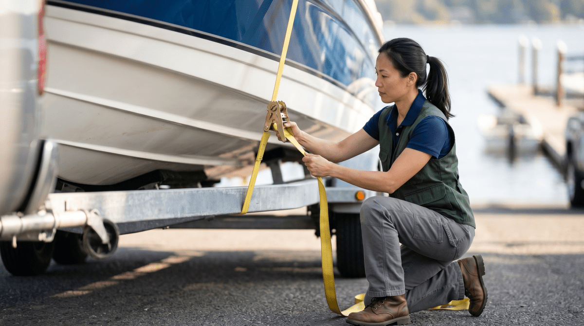 Boat hauling business owner transporting a boat for a marine transportation company
