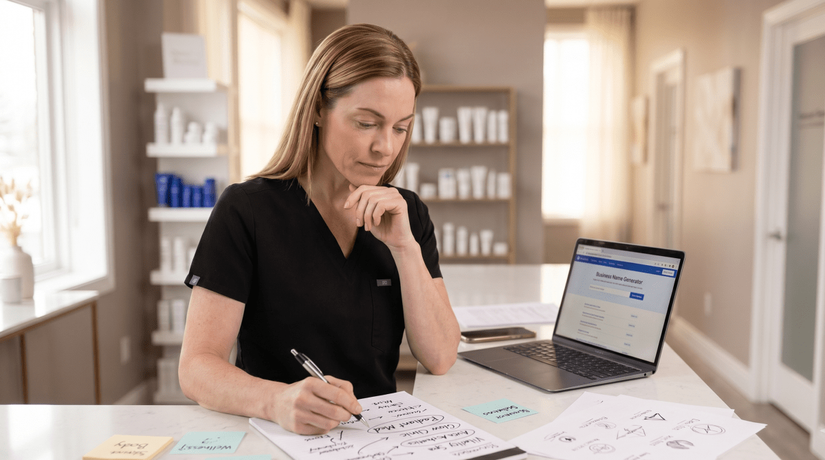 Body sculpting studio owner brainstorming business name ideas