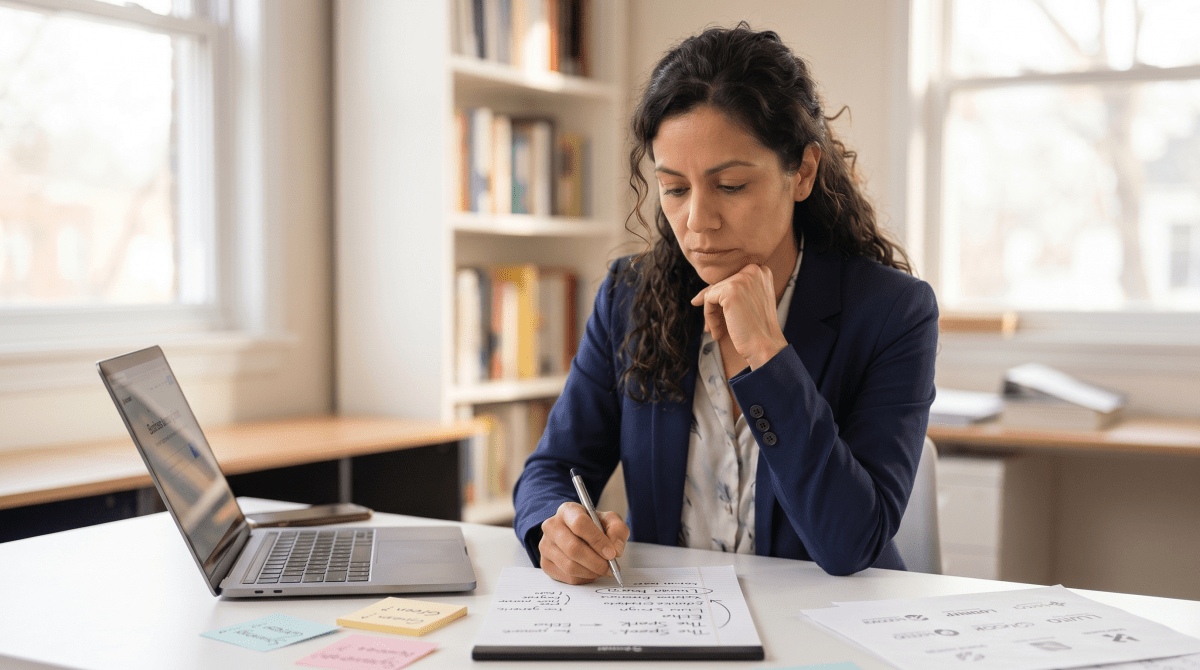 Book publishing business owner brainstorming LLC name ideas for a publishing company