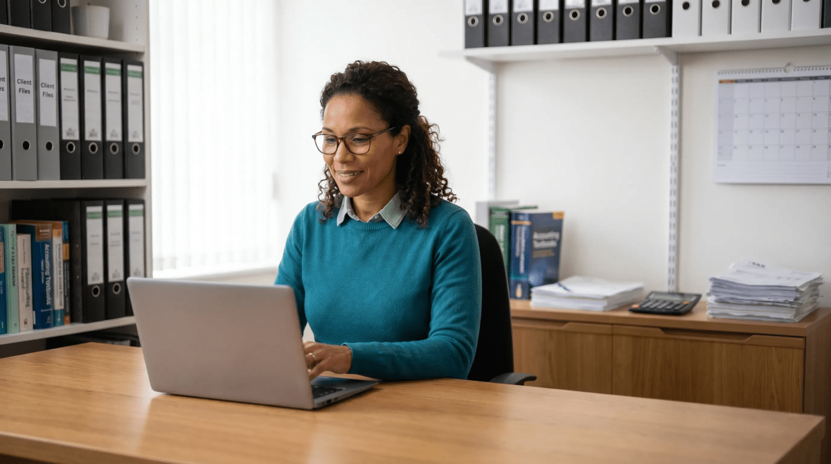 Bookkeeper registering a bookkeeping business as an LLC from workspace