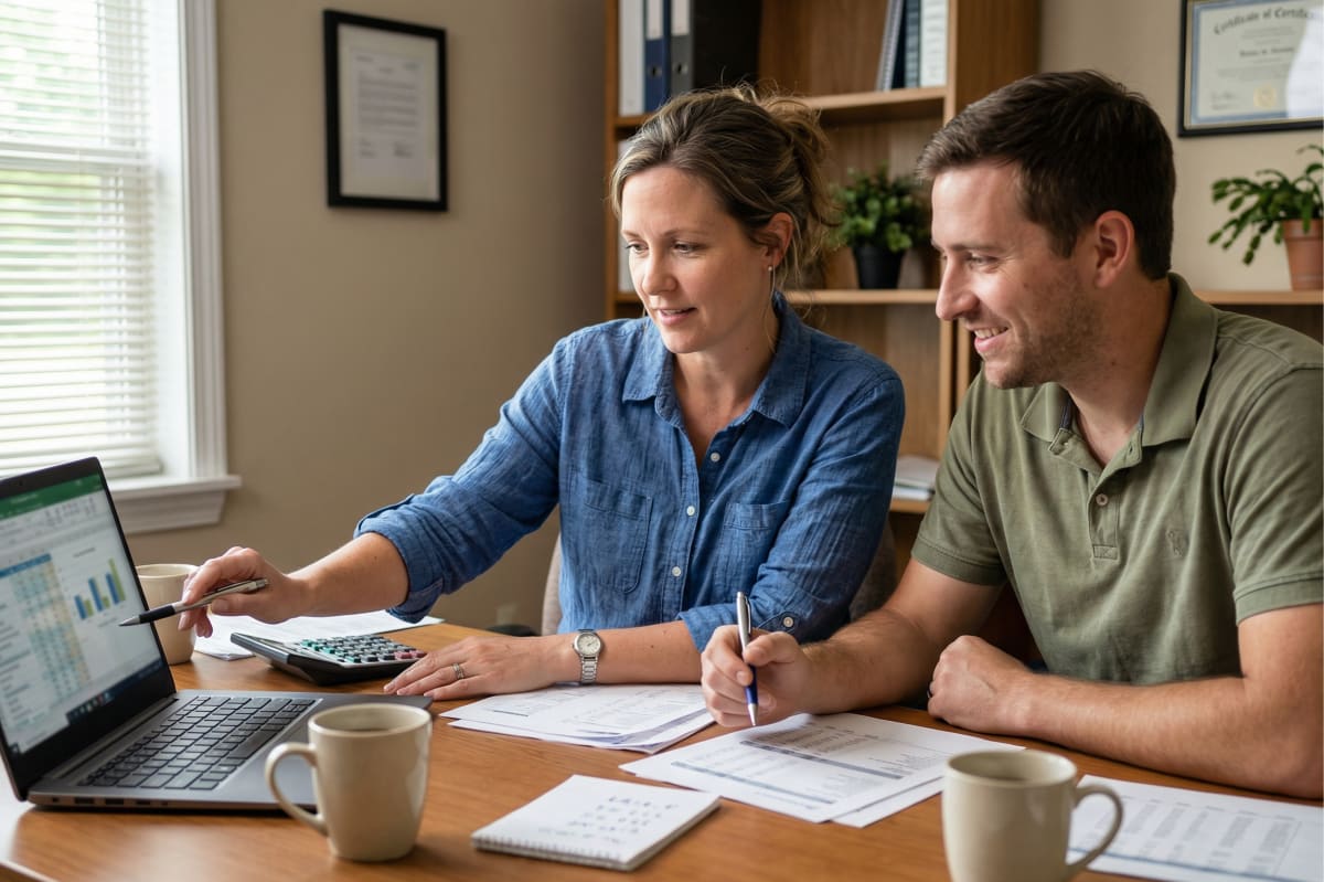 Bookkeeping business owner reviewing financial records and accounts with a client in a professional office