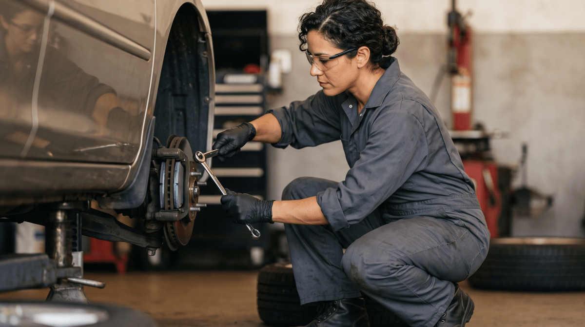 Brake repair technician replacing brake components on a lifted vehicle
