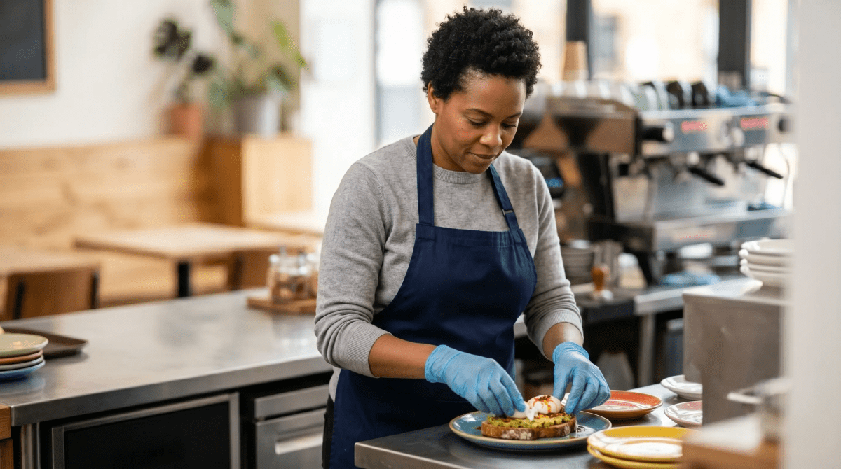 Breakfast and brunch café business owner interacting with customers in a lively dining space