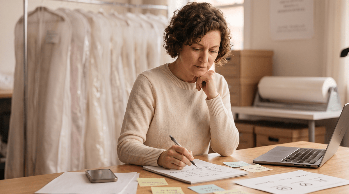 Bridal gown preservation owner brainstorming business name ideas