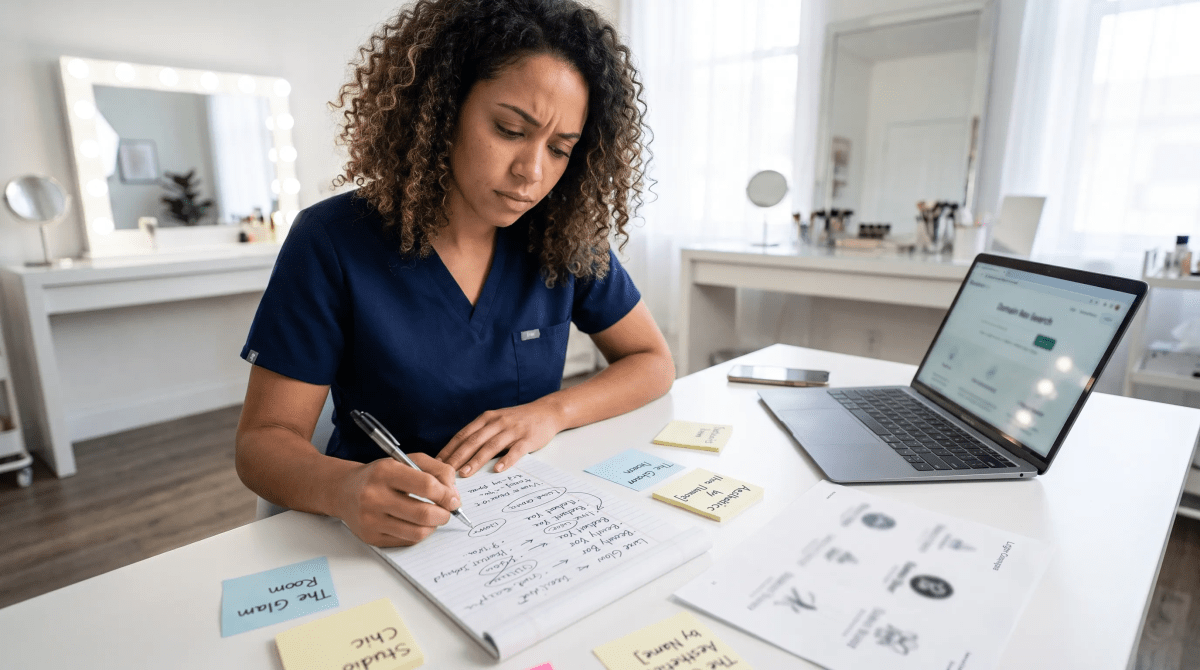 Bridal makeup artist owner brainstorming business name ideas