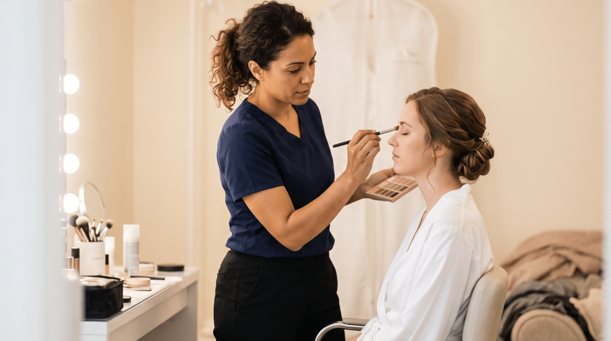 Bridal makeup artist applying makeup to a bride before her wedding