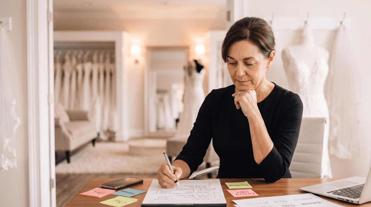 Bridal shop owner brainstorming business name ideas