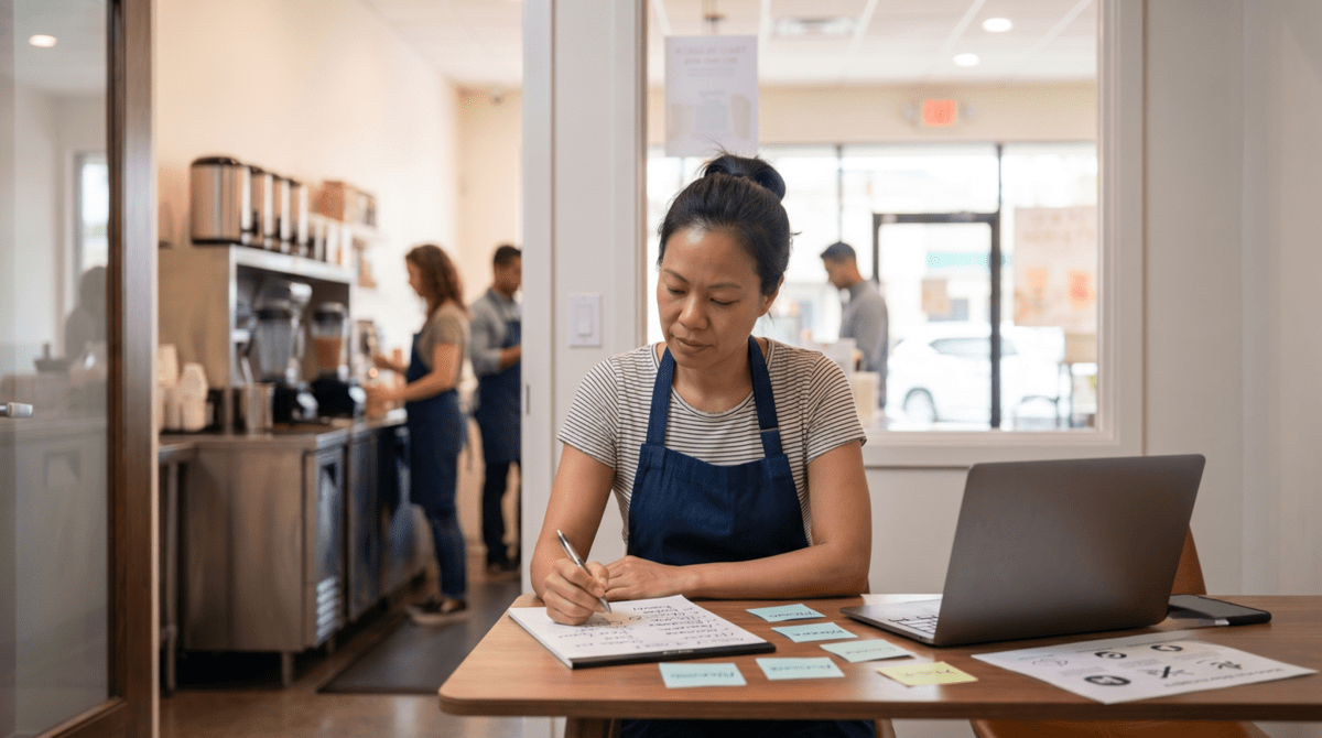 Bubble tea shop owner brainstorming business name ideas