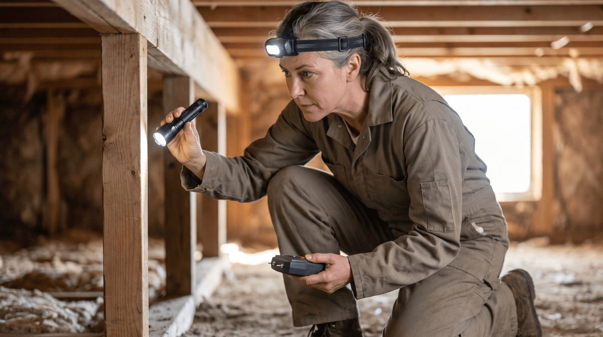 Building inspection business owner inspecting a building