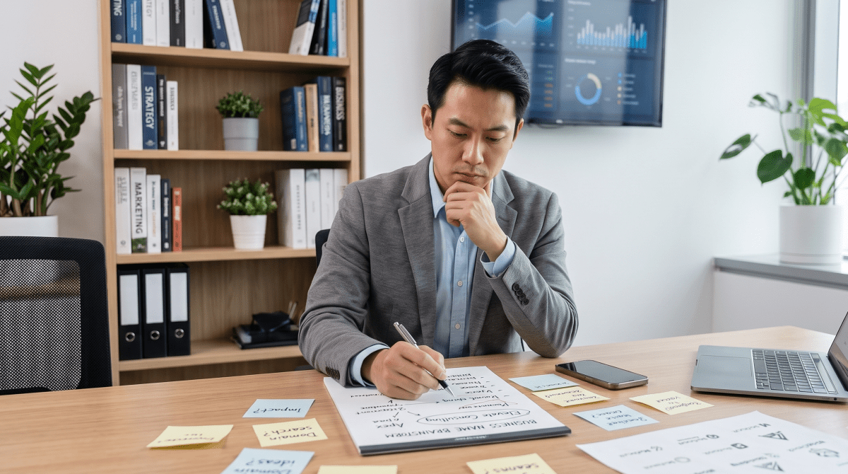 Business intelligence consulting owner brainstorming business name ideas