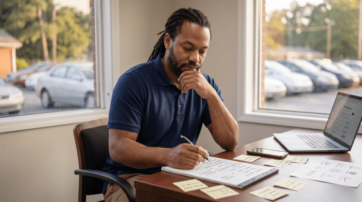 Used car lot owner reviewing LLC name ideas for a buy here pay here dealership