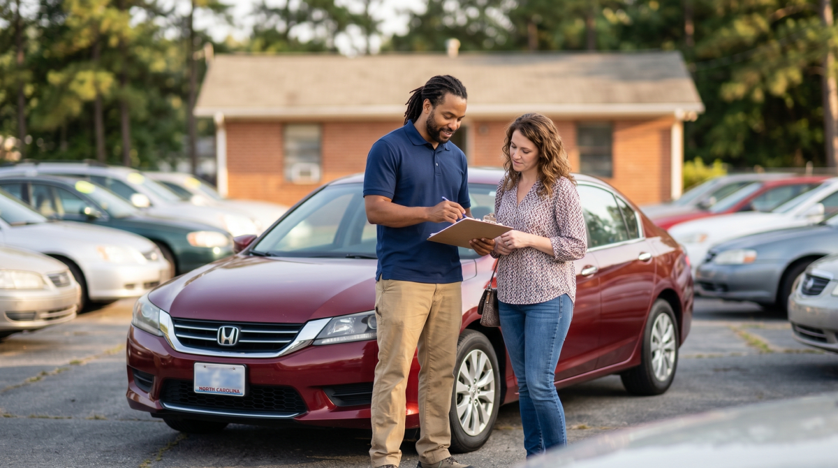 Buy here pay here used car lot owner helping a customer at a used car dealership business