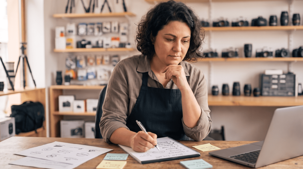 Camera and photo shop owner brainstorming business name ideas