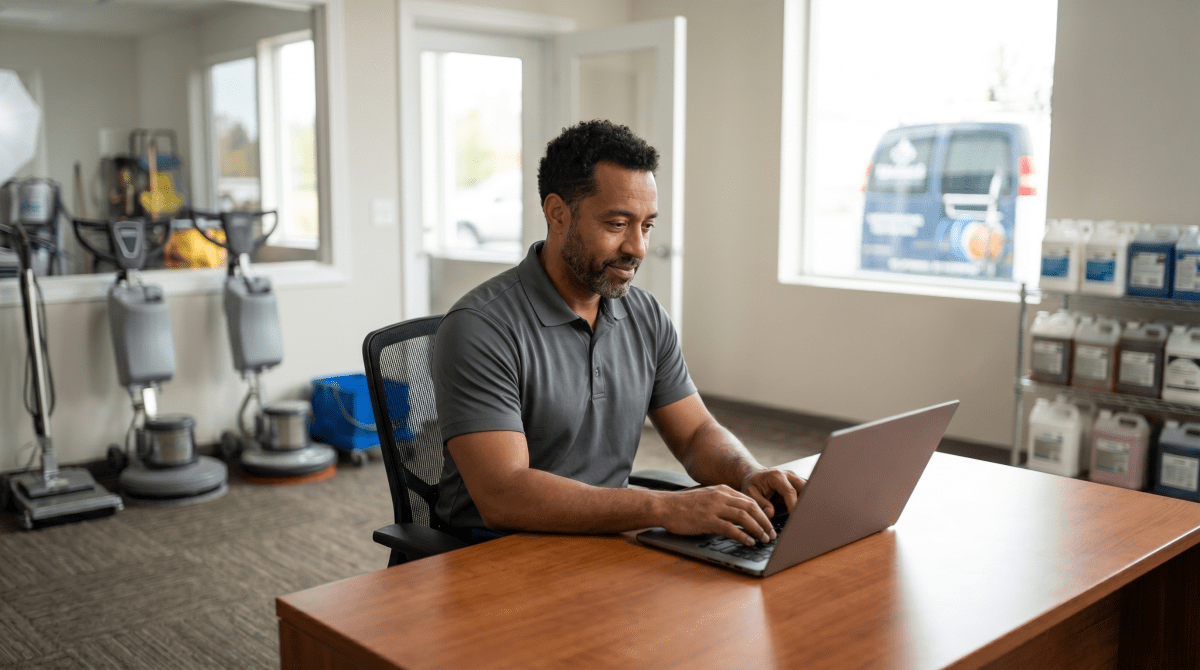 Carpet cleaning owner registering a carpet cleaning business as an LLC on laptop