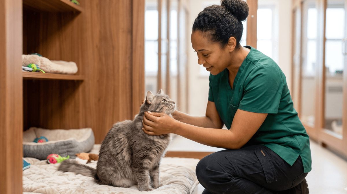 Cat boarding business owner caring for cats at a feline boarding and pet care business