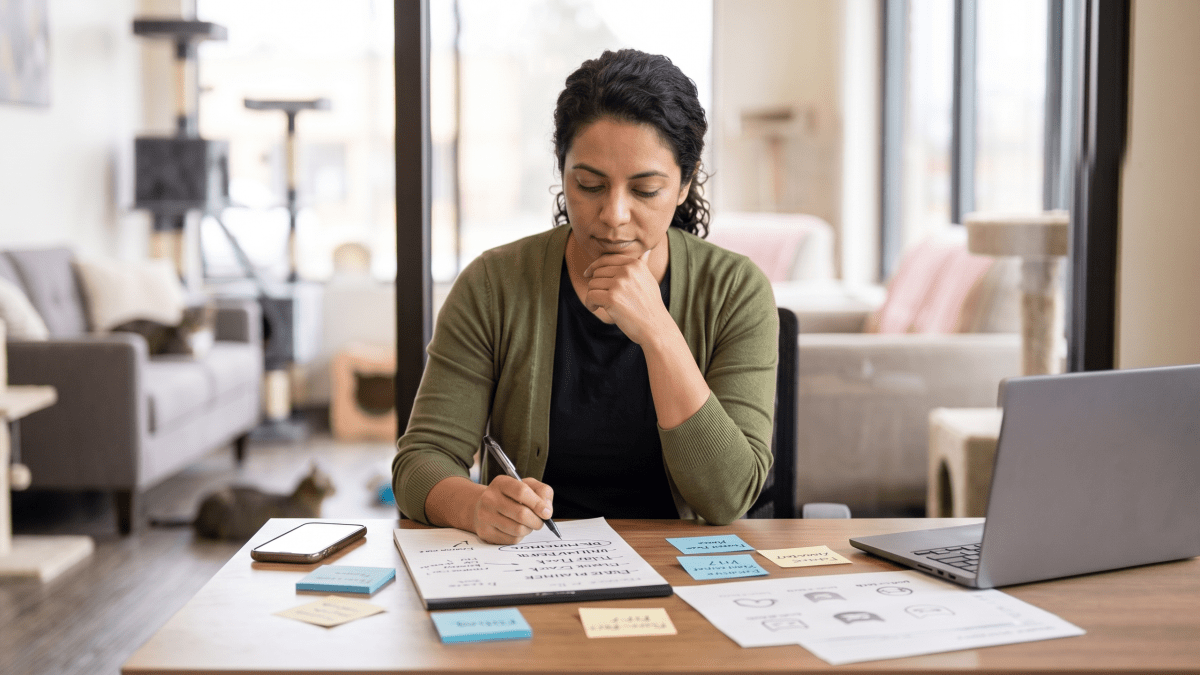 Cat cafe owner brainstorming business names for an LLC