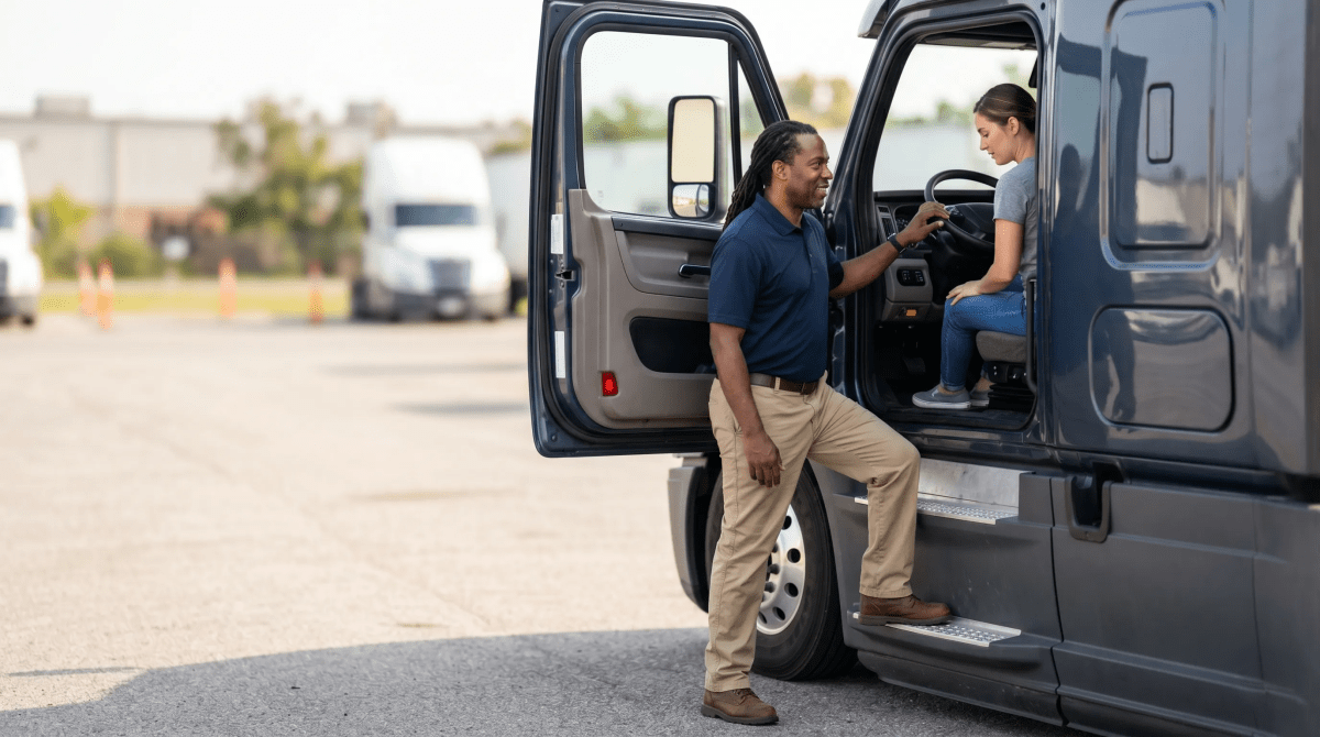 CDL training school instructor walking a student through commercial truck driving requirements and safety