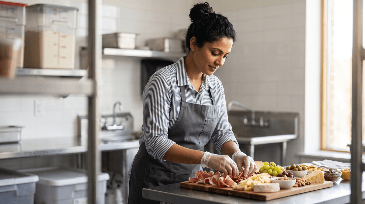 Charcuterie board business owner arranging a charcuterie board
