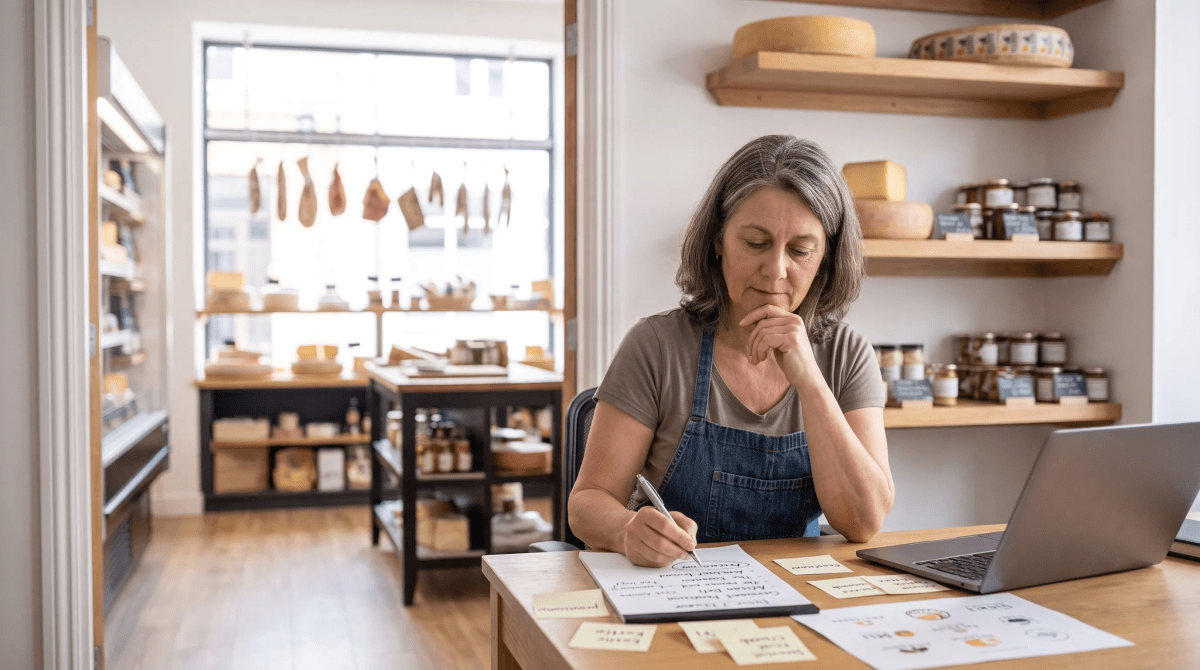 Cheese and charcuterie shop owner brainstorming business name ideas
