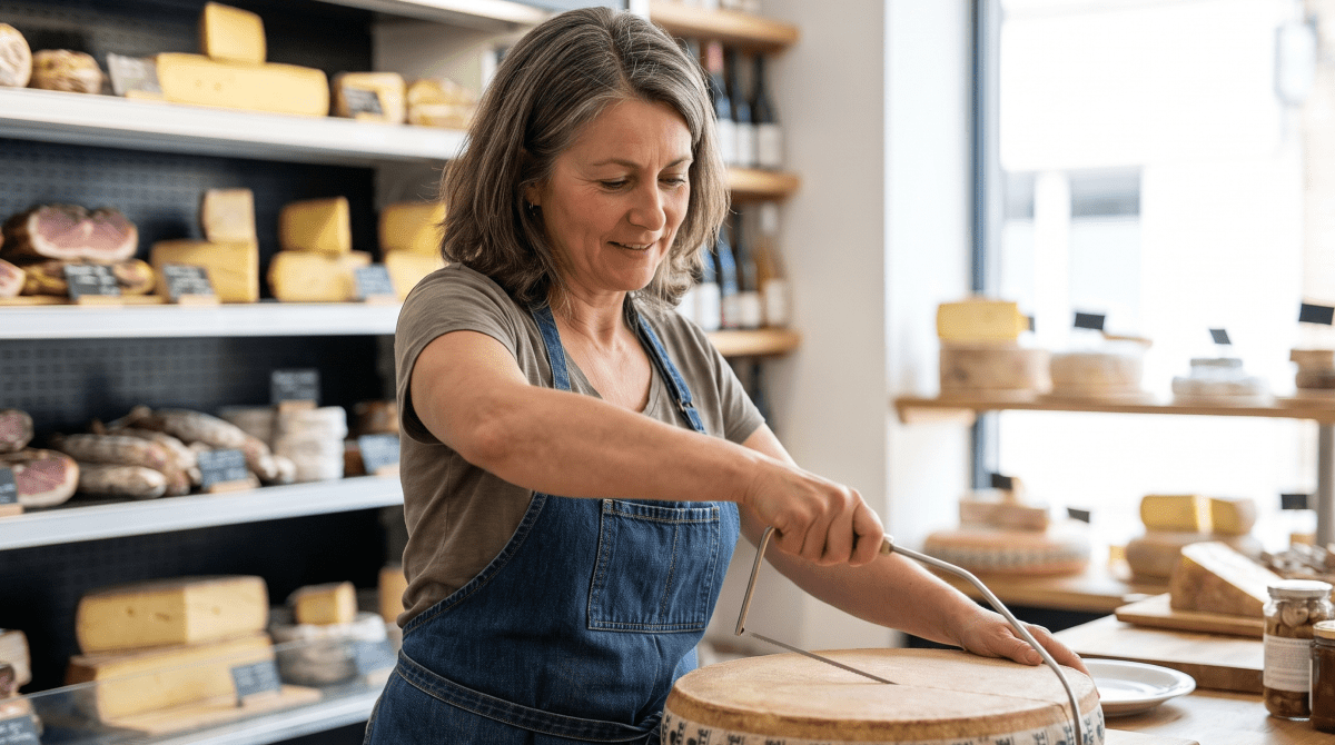 Cheese and charcuterie shop owner arranging cheese and charcuterie