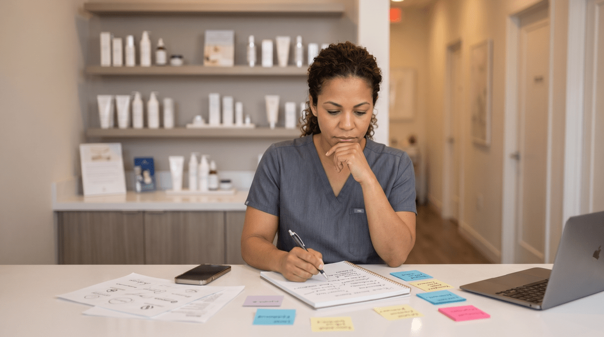 Chemical peel clinic owner brainstorming business name ideas