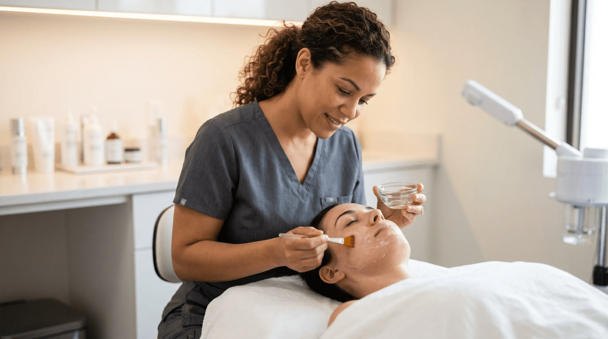 Applying a chemical peel to a client's face at a skincare clinic
