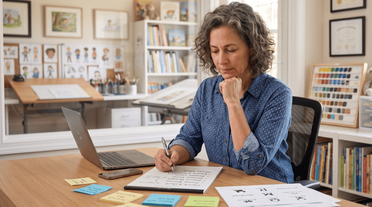 Children's book art business owner brainstorming business name ideas