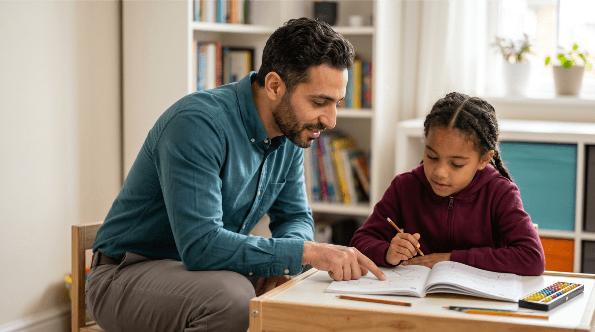 Children’s tutoring business owner tutoring a student in an educational learning center