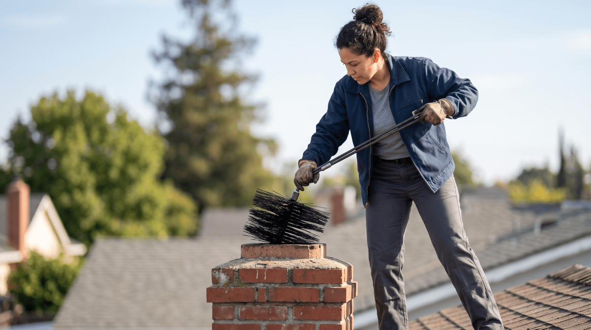 Chimney sweep business owner sweeping a chimney