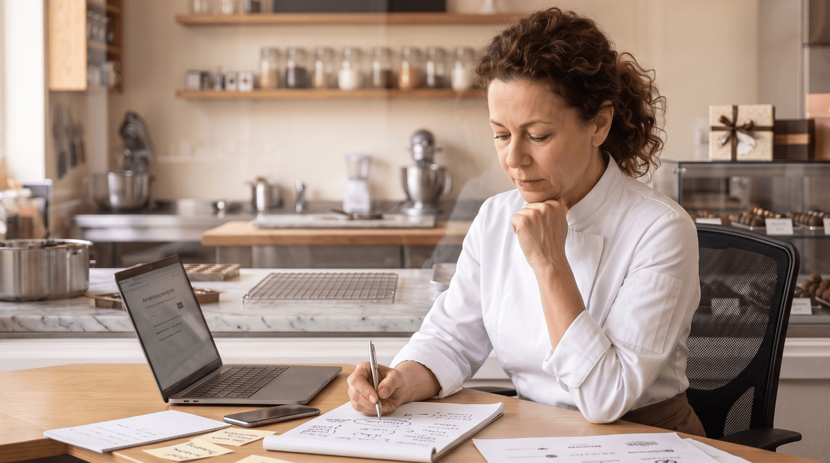 Chocolate and confectionery business owner brainstorming business name ideas