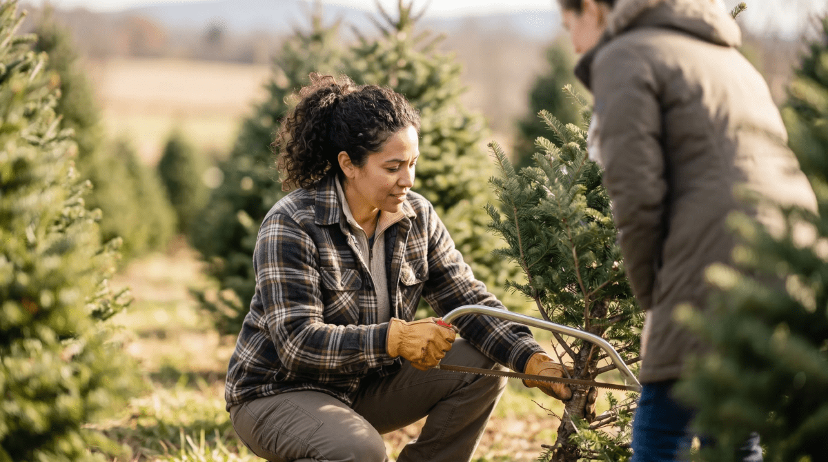 Christmas tree farm owner tending evergreen trees on a holiday tree farming business