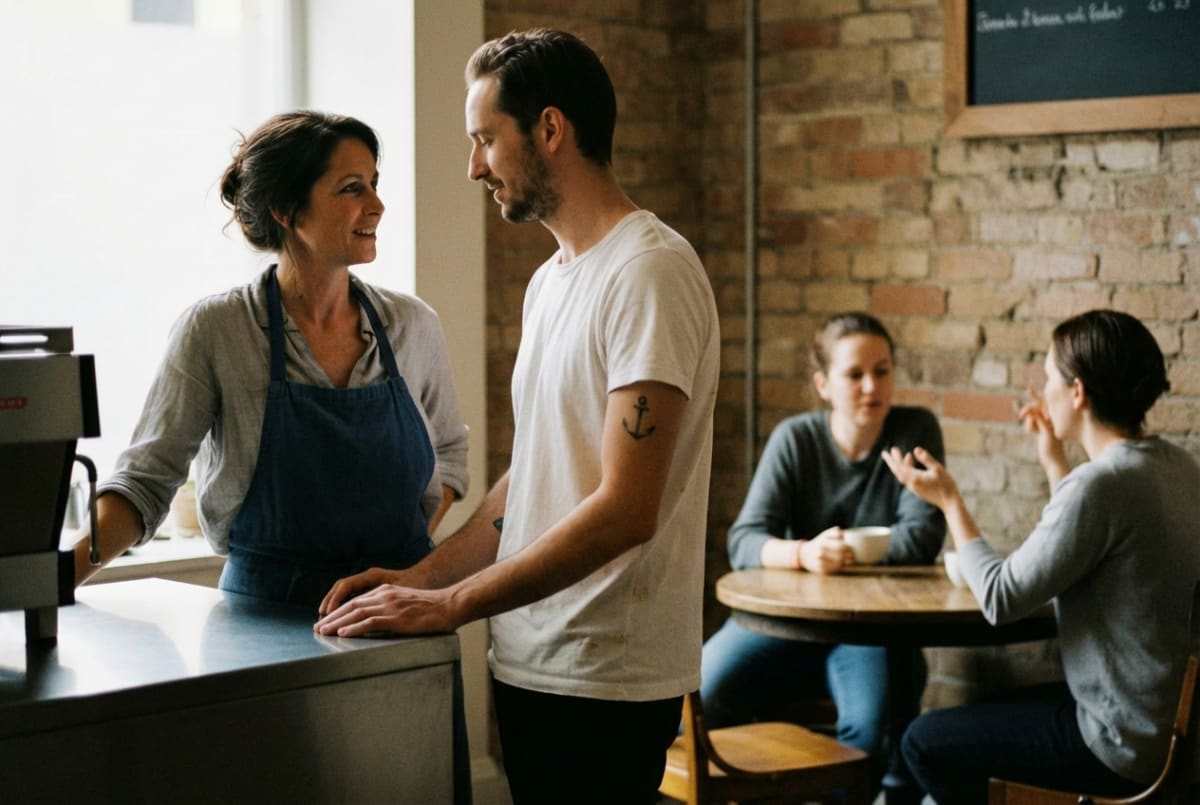 Coffee shop business owner and barista staff serving a customer at the counter