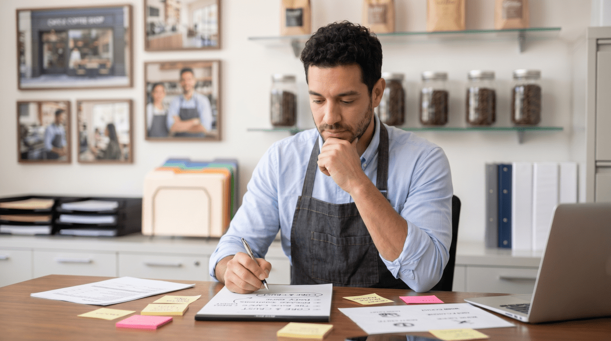 Coffee shop owner brainstorming coffee shop business names