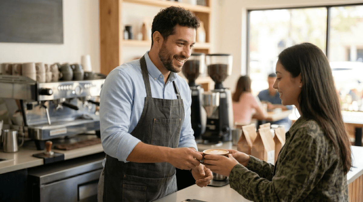 Coffee shop business owner and barista staff serving a customer at the counter