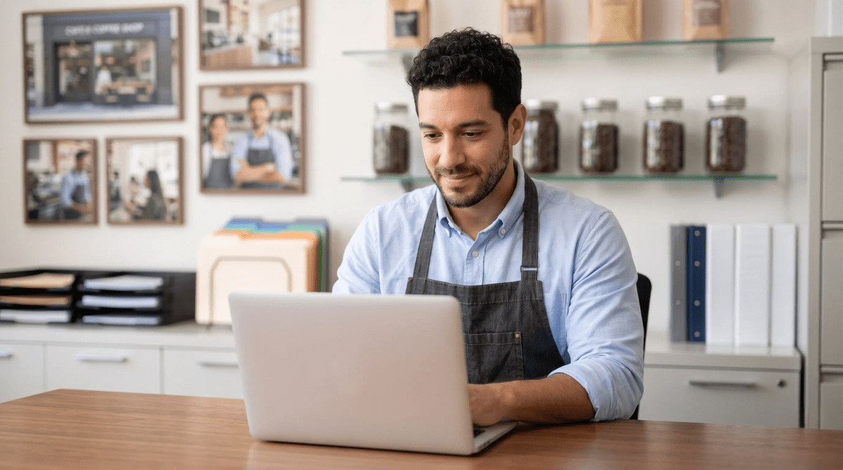 Coffee shop owner registering a coffee business as an LLC from counter